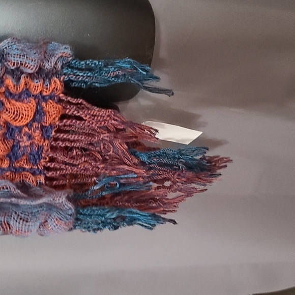 NWT Womens Patchwork Scarf Wrap 70x16 in. Navy Rust Teal Fringed - Picture 3 of 9